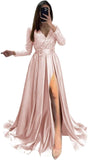 Long Sleeve Sequin Prom Dresses for Women 2027 Satin Formal Dress Sparkly Slit Evening Party Gown with Pocket