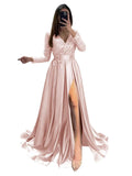 Long Sleeve Sequin Prom Dresses for Women 2027 Satin Formal Dress Sparkly Slit Evening Party Gown with Pocket
