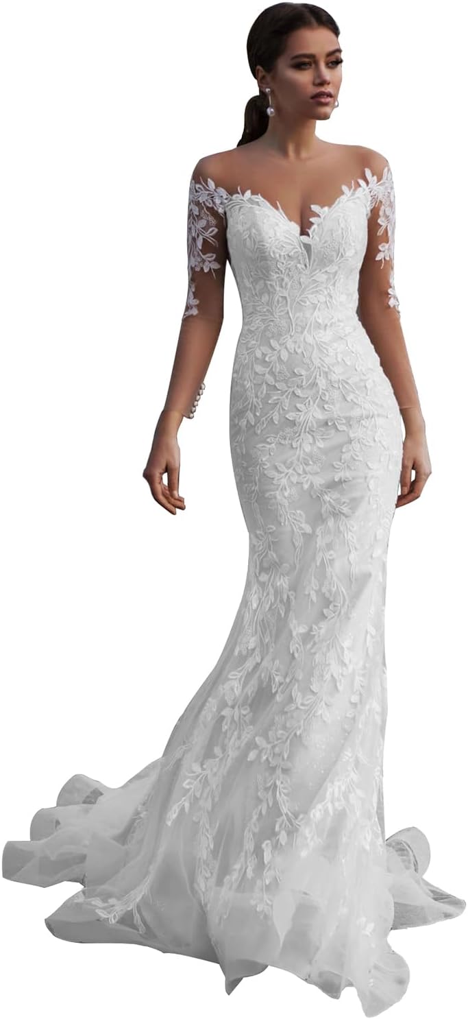 Vestidos de novia bohemios de encaje de manga larga para playa 2026 