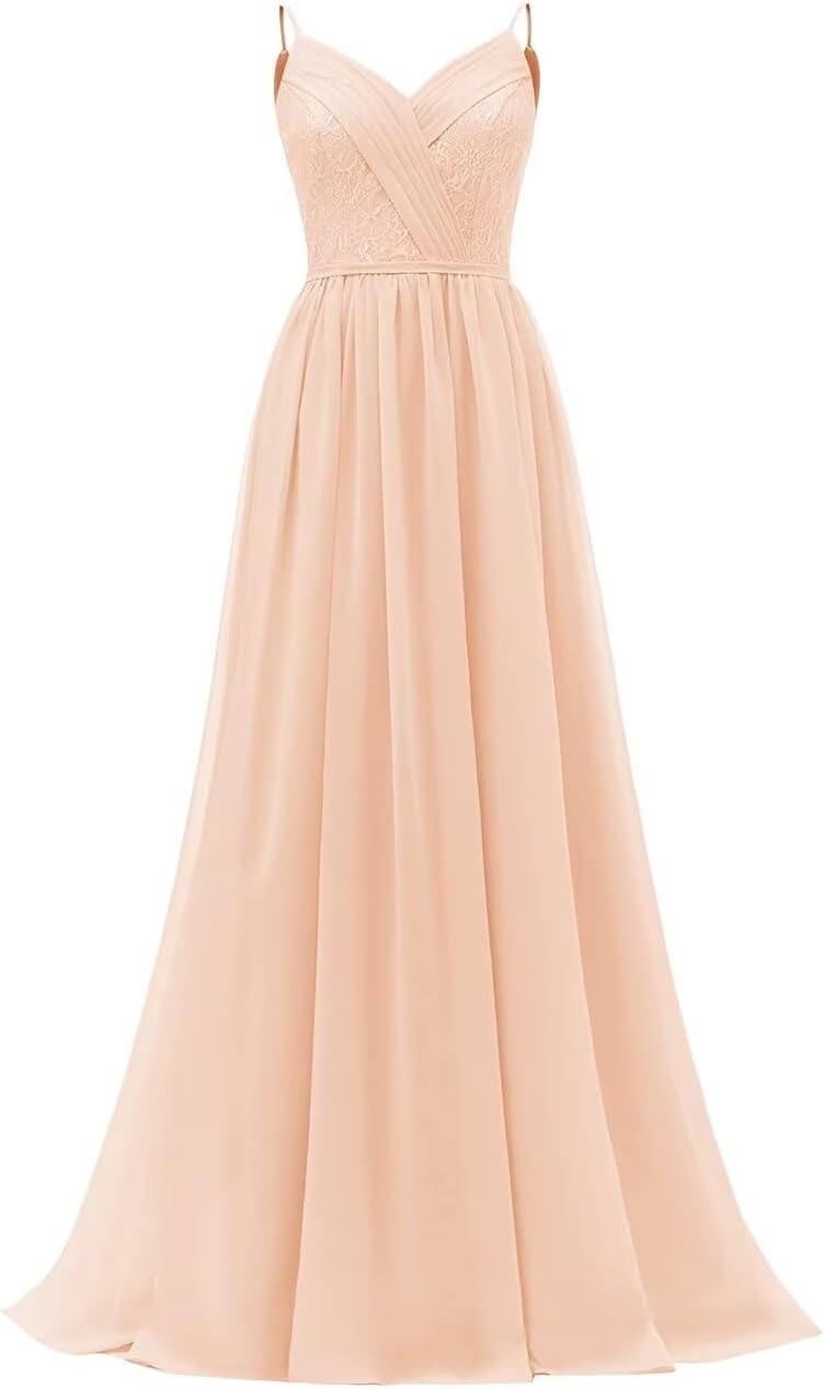 Women's Lace Chiffon Bridesmaid Dresses for Wedding Long Spaghetti Straps Bodice Formal Party Gown with Pockets