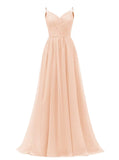 Women's Lace Chiffon Bridesmaid Dresses for Wedding Long Spaghetti Straps Bodice Formal Party Gown with Pockets