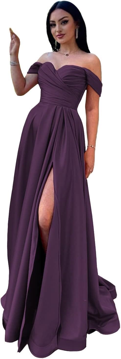 Schulterfreies Satin-Ballkleid, herzförmiger Ausschnitt, formelles Kleid, A-Linie, Abendkleid mit Schlitz 