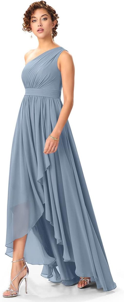 Women's One Shoulder Bridesmaid Dresses High Low Chiffon Formal Party Gowns with Pockets