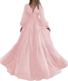 Langes Ballkleid mit Puffärmeln, Tüll, Ballkleid für Damen, Brautkleider, V-Ausschnitt, formelle Abendkleider