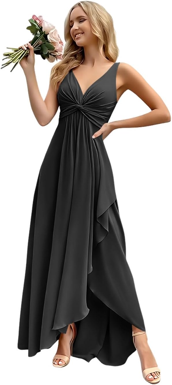 Women’s Long Bridesmaid Dresses Sleeveless V-Neck Formal Wedding Guest Chiffon Prom Gowns for Teens