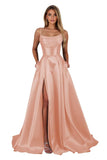 Satin Prom Dresses for Teens Long A-Line Cowl Neck Formal Evening Gown with Slit 2026 Maxi Ball Gowns