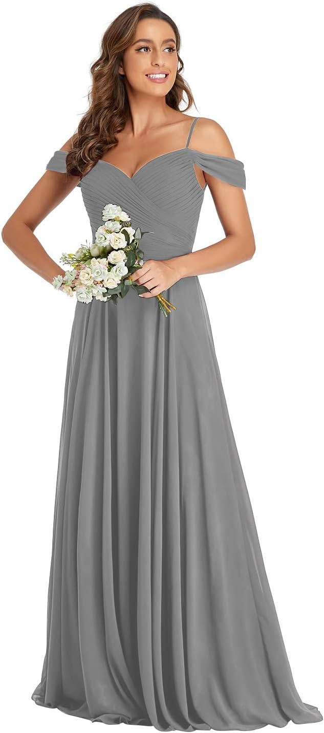 Off The Shoulder Chiffon Bridesmaid Dresses Long Spaghetti Straps A Line Formal Party Dress