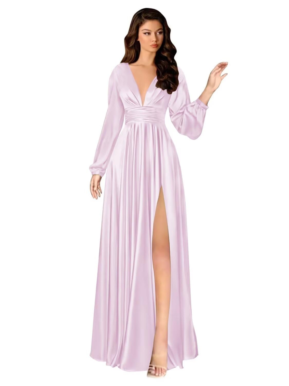 Kingbridal Gowns Long Sleeve Satin Bridesmaid Dresses for Women Long A-Line V-Neck Pleated Formal Evening Party Ball Gown with Slit