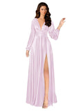 Kingbridal Gowns Long Sleeve Satin Bridesmaid Dresses for Women Long A-Line V-Neck Pleated Formal Evening Party Ball Gown with Slit