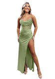 Satin Mermaid Prom Dresses Cowl Neck Spaghetti Straps Beaded Ruched Long Formal Gown with Slit