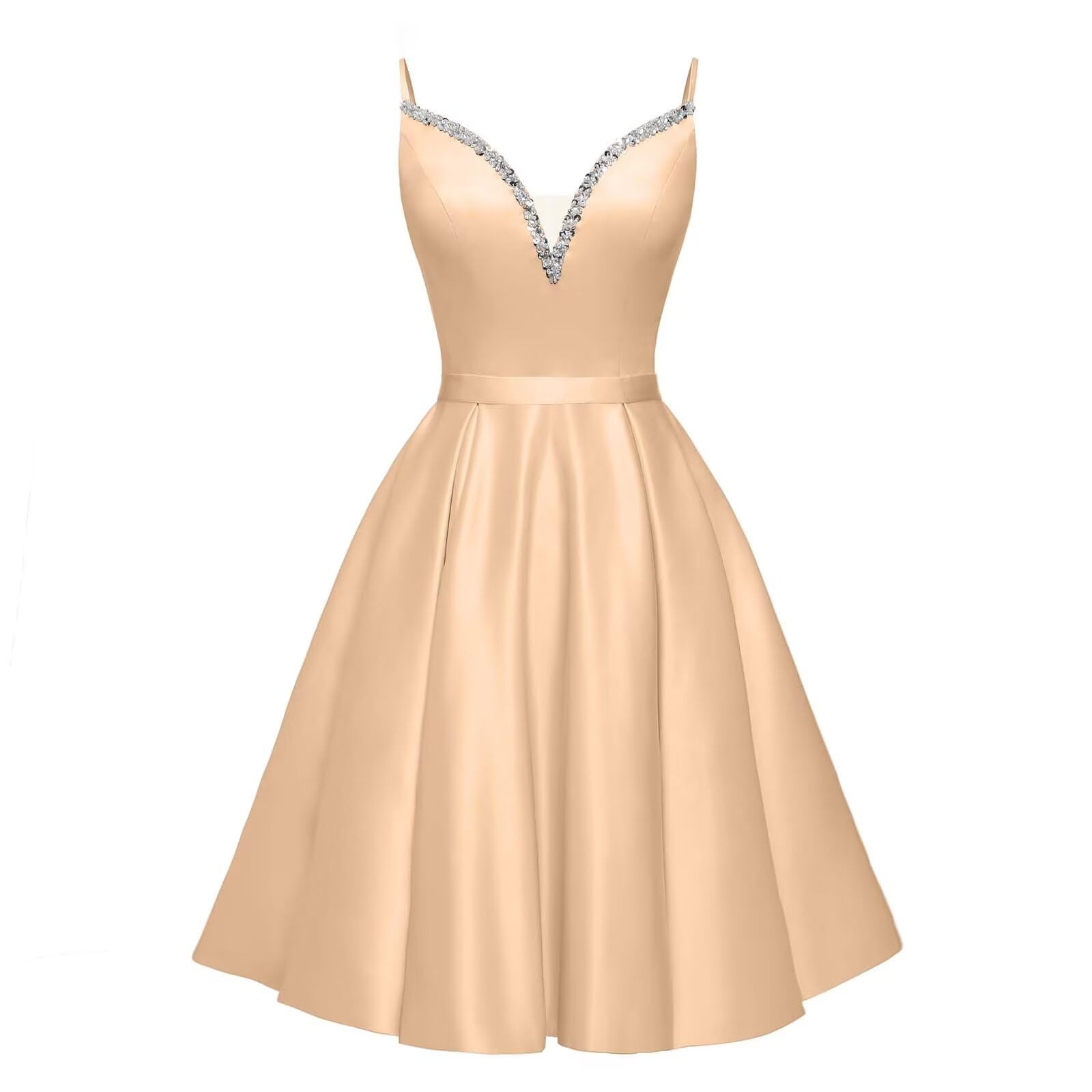 Spaghetti Straps Satin Homecoming Dresses for Teens V-Neck Short Prom Dress A-Line Beaded Cocktail Party Gowns