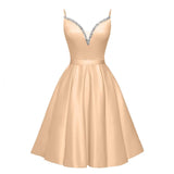 Spaghetti Straps Satin Homecoming Dresses for Teens V-Neck Short Prom Dress A-Line Beaded Cocktail Party Gowns