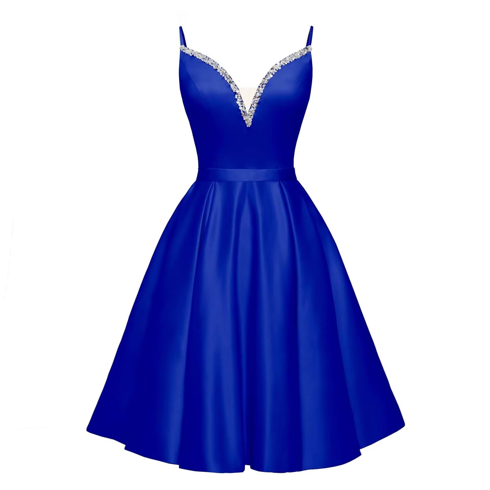 Spaghetti Straps Satin Homecoming Dresses for Teens V-Neck Short Prom Dress A-Line Beaded Cocktail Party Gowns