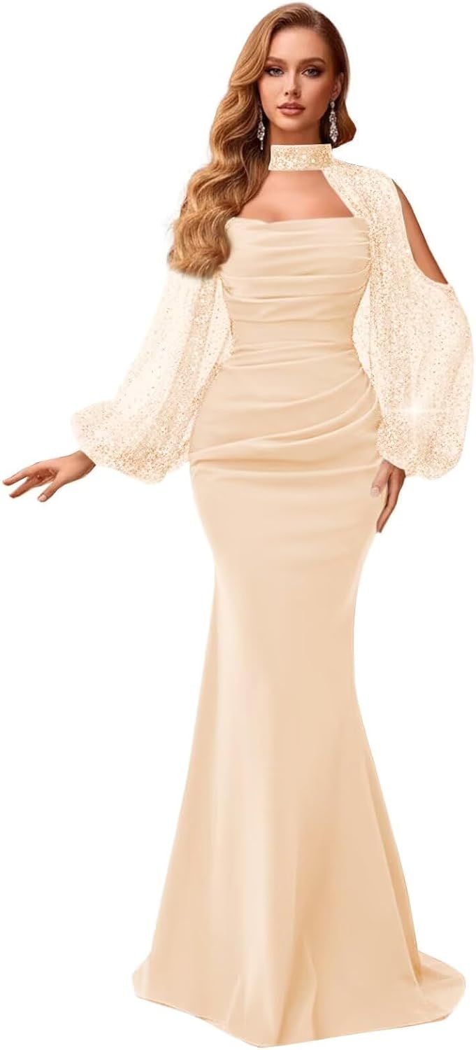 Kingbridal Gowns Long Sleeve Prom Dresses 2026 Mermaid Satin Formal Dress for Women Sparkly Sequin Halter Neck Evening Party Gowns