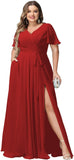 Plus Size Bridesmaid Dresses with Pockets V Neck Chiffon Flutter Sleeves Formal Evening Gowns with Slit