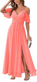 Women's Cold Shoulder Bridesmaid Dresses Long Summer Side Slit Chiffon Formal Evening Gown with Pockets