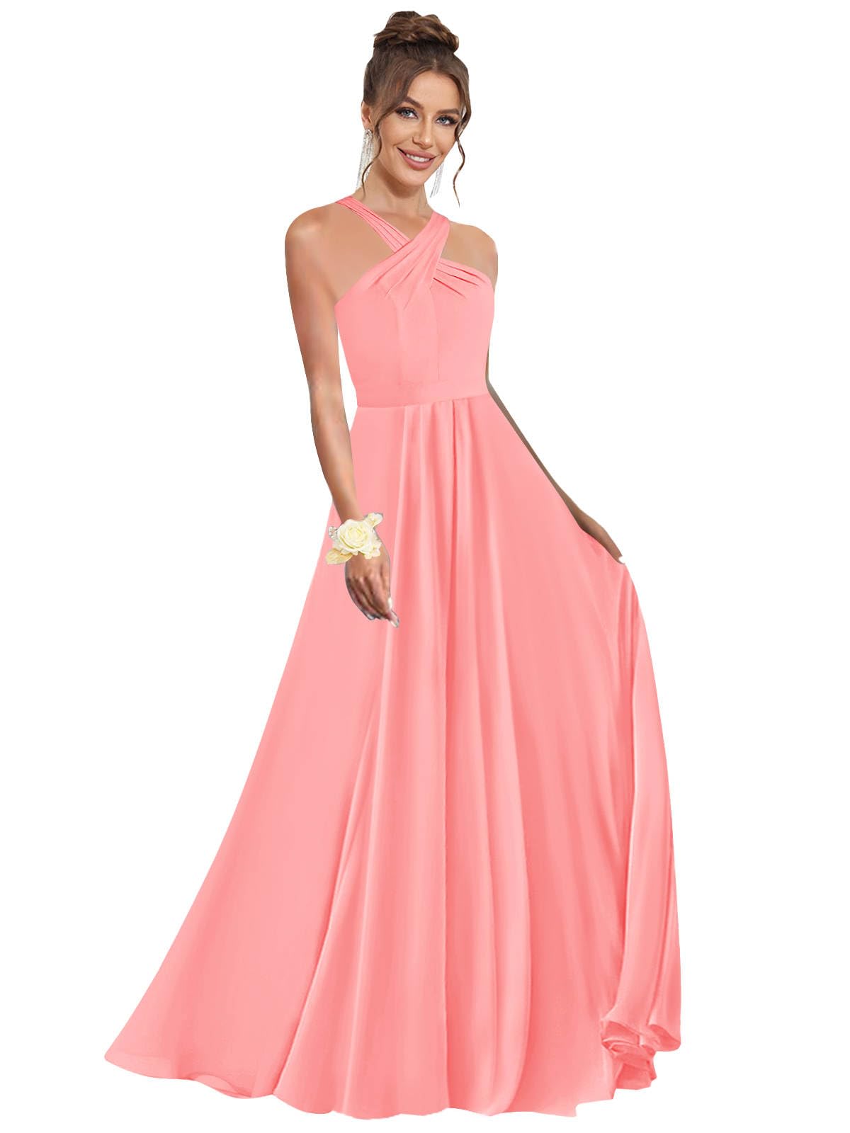 Halter Bridesmaid Dresses for Wedding Chiffon A Line Pleated Long Formal Prom Dress with Belt