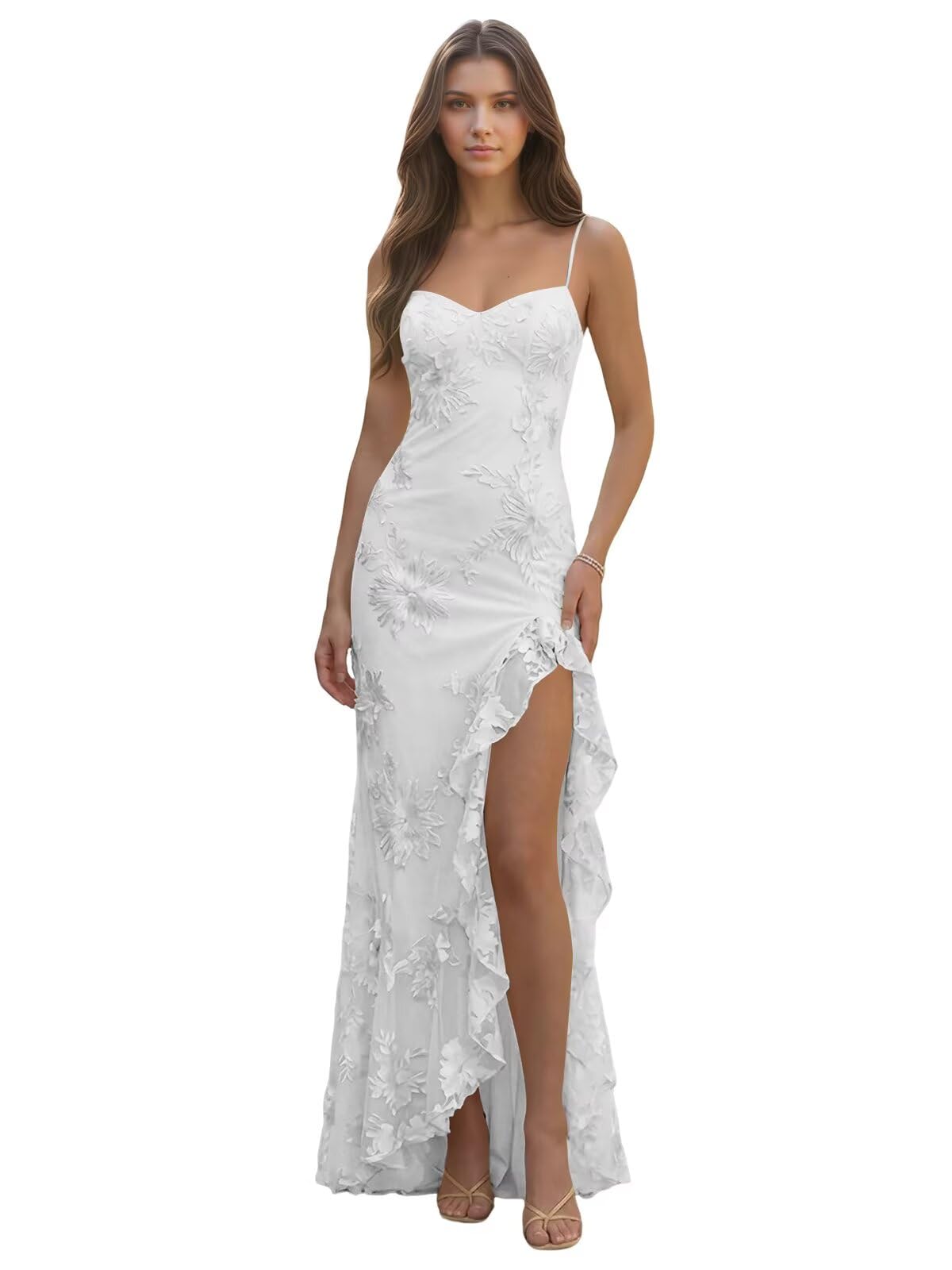 Spaghetti Straps Floral Embroidery Mermaid Prom Dress 2026 Long Corset Formal Evening Gowns with Ruffle Slit