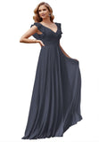 Women's V Neck Ruffle Chiffon Bridesmaid Dresses Long with Pockets Ruched Formal Dresses