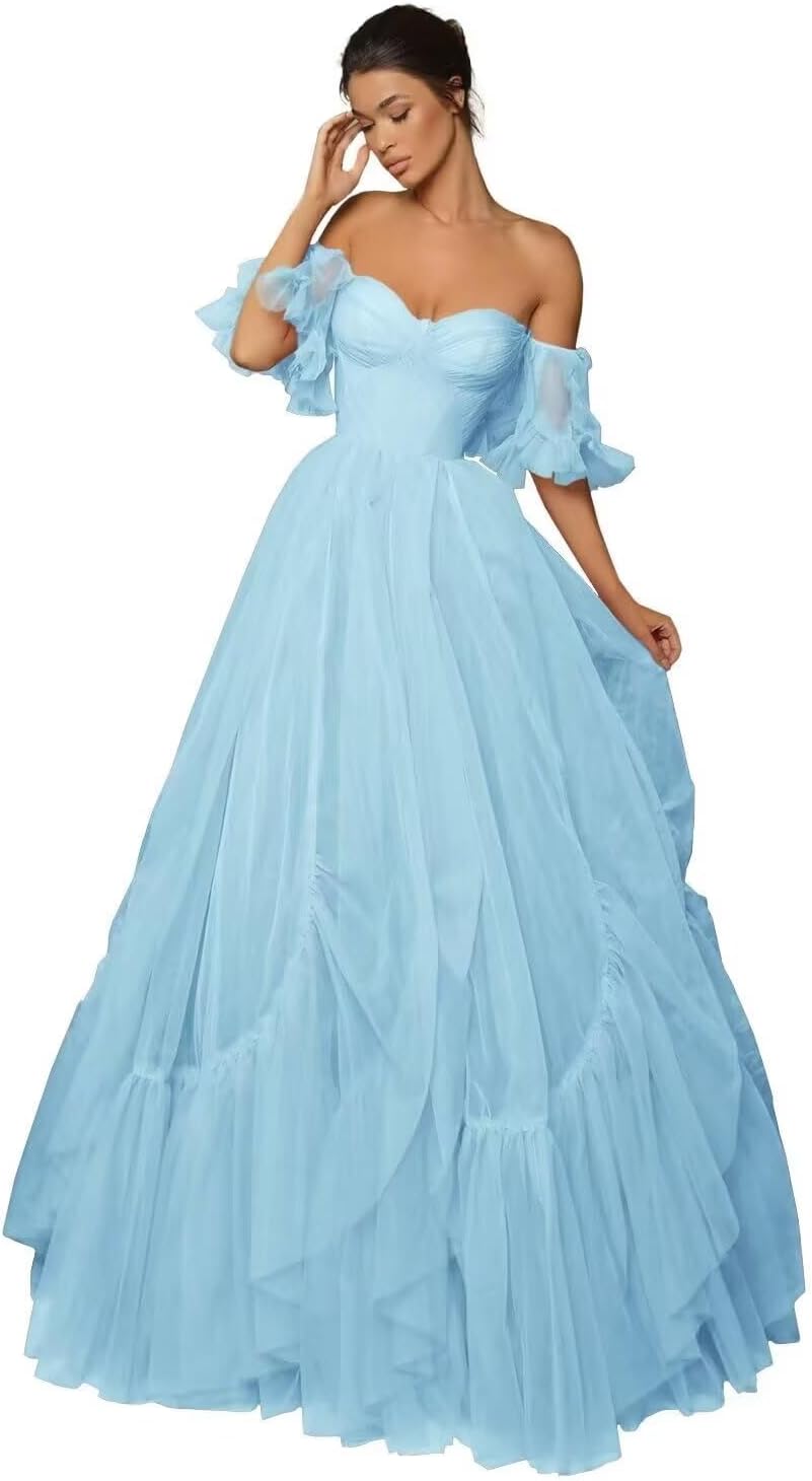 A-line Ruffled Short Sleeve Tulle Prom Dress for Women, Sweetheart Formal Gown Off The Shoulder Long Party Dress
