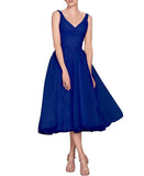 Tea Length A-Line V Neck Formal Evening Party Gowns for Women Sleeveless Puffy Midi Tulle Cocktail Prom Dress
