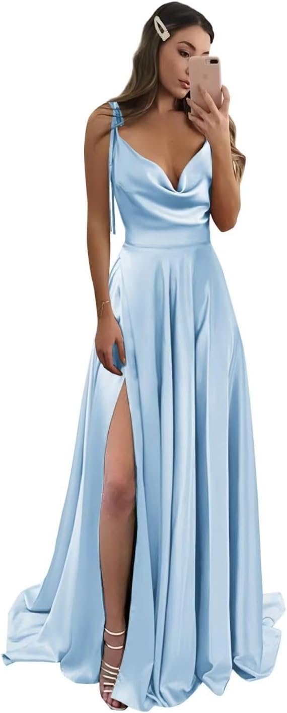 Vestidos de fiesta largos de satén con abertura alta para mujer, 2024, tirantes finos ajustables, vestidos de fiesta formales con bolsillos 