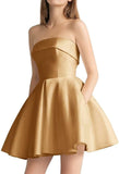 Women's Strapless Satin Short Prom Dresses with Pocket A Line Glitter Homecoming Dress Short Evening Party Ball Gown