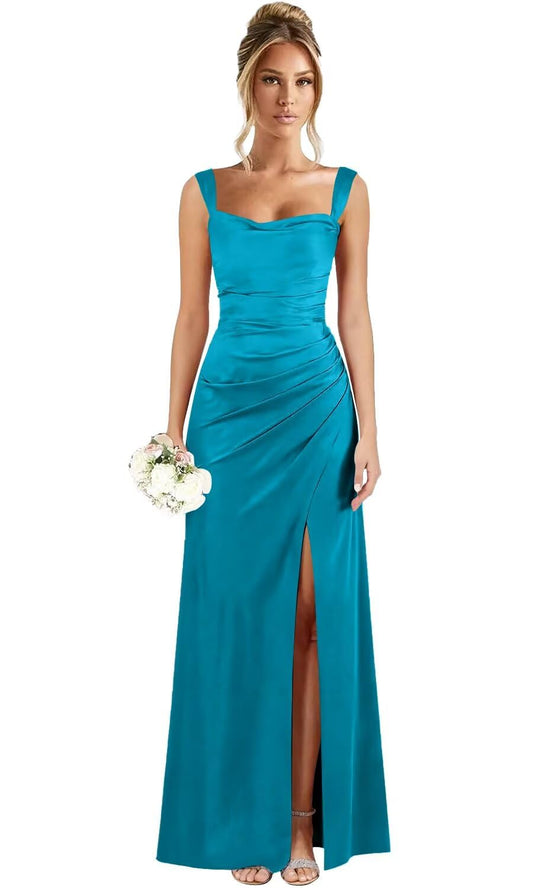 Spaghetti Straps Bridesmaid Dresses for Women 2027 Long Satin Ruched Formal Evening Party Dress with Slit