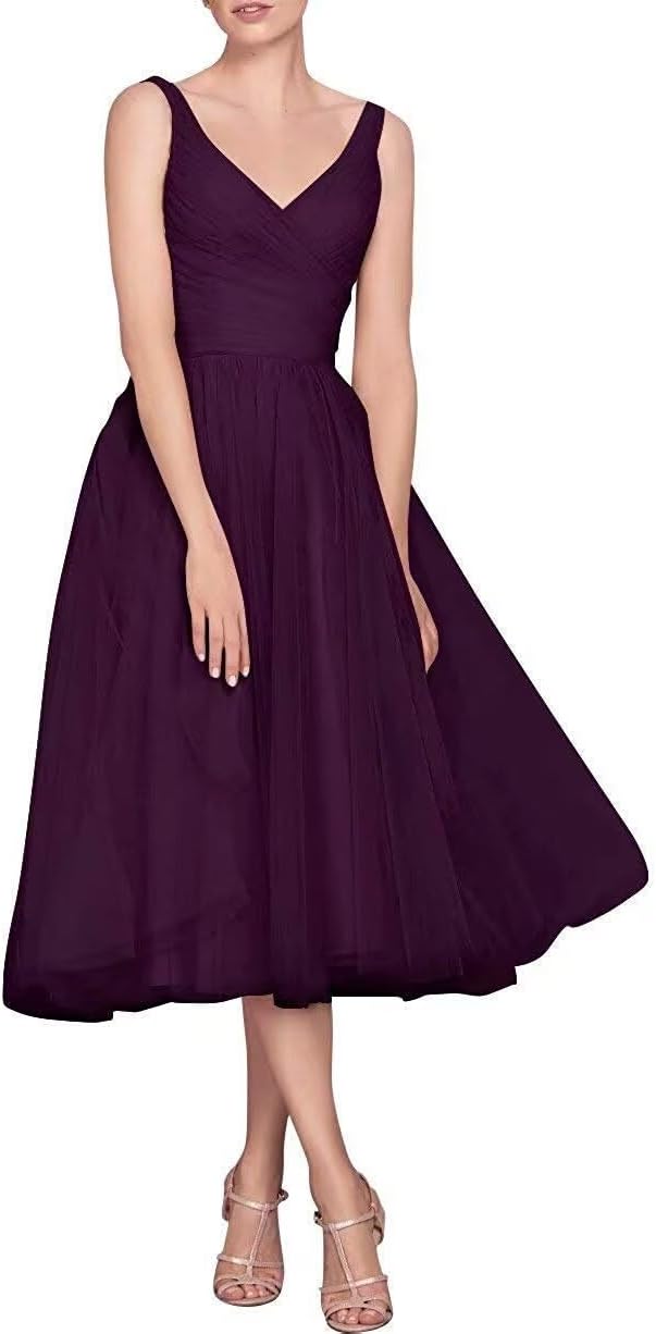 Tea Length A-Line V Neck Formal Evening Party Gowns for Women Sleeveless Puffy Midi Tulle Cocktail Prom Dress