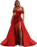 Vestidos de fiesta de satén con hombros descubiertos, corte sirena, fruncido, de noche formal, para mujer 