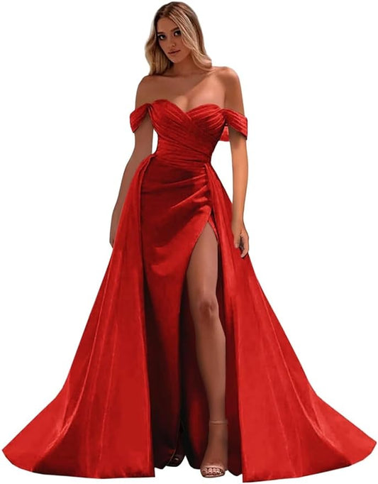 Vestidos de fiesta de satén con hombros descubiertos, corte sirena, fruncido, de noche formal, para mujer 