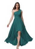 Vestido de dama de honor de un solo hombro para mujer, vestido formal de noche de gasa con bolsillos y corte alto bajo