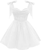 Tulle Short Homecoming Dress for Teens Sparkly Lace DAMA Dresses for Quinceanera Spaghetti Straps Bow Prom Gown