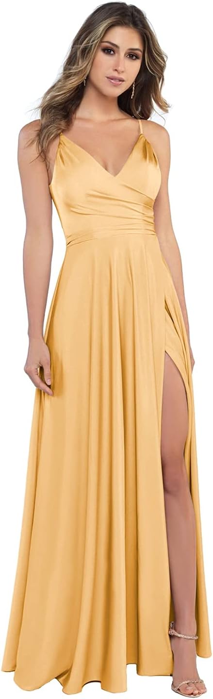 Damen-Brautjungfernkleider aus Satin mit V-Ausschnitt und Schlitz, Spaghettiträgern, formelle Ballkleider mit Taschen 