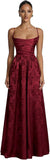 Floral Jacquard Prom Dresses for Women Spaghetti Straps A Line Satin Cowl Neck Formal Evening Party Dress
