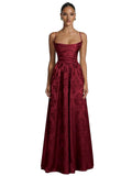Floral Jacquard Prom Dresses for Women Spaghetti Straps A Line Satin Cowl Neck Formal Evening Party Dress