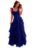 Tiered Prom Dresses with Bow Long A-Line Chiffon Formal Evening Dress for Women Spaghetti Straps Slit Ball Gown