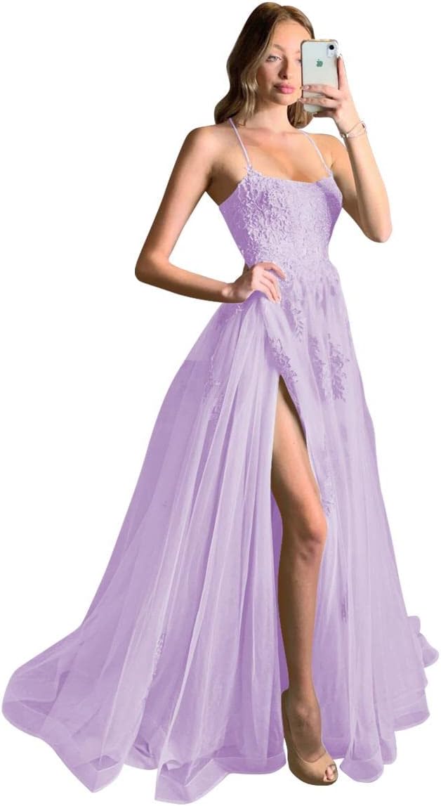 Women's Lace Criss-Cross Prom Dresses with Slit Spaghetti Straps Long Formal Evening Gowns