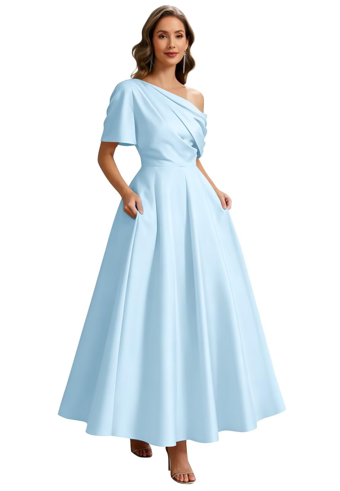 Kingbridal Satin Mother of The Bride Dresses for Women Tea Length Formal Dress One Shoulder Evening Party Gowns with Pockets