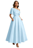 Kingbridal Satin Mother of The Bride Dresses for Women Tea Length Formal Dress One Shoulder Evening Party Gowns with Pockets