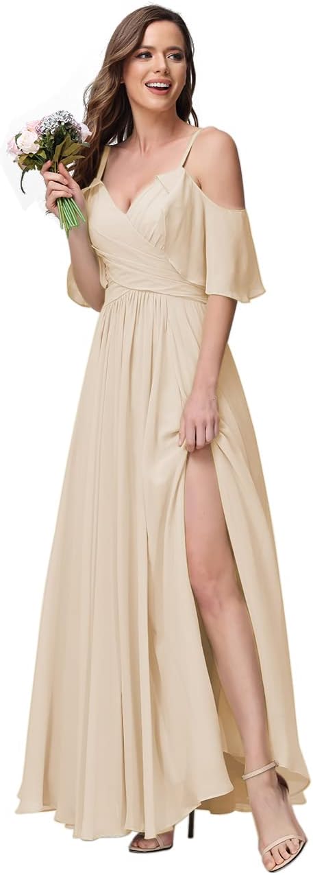 Women's Long Spaghetti Straps Bridesmaid Dress with Slit Off Shoulder Chiffon Formal Party Gowns