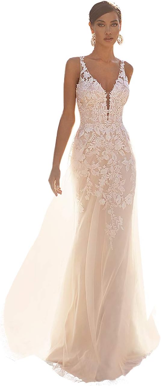 Damen Meerjungfrau Brautkleid mit Spitzenapplikationen und langen Ärmeln, V-Ausschnitt