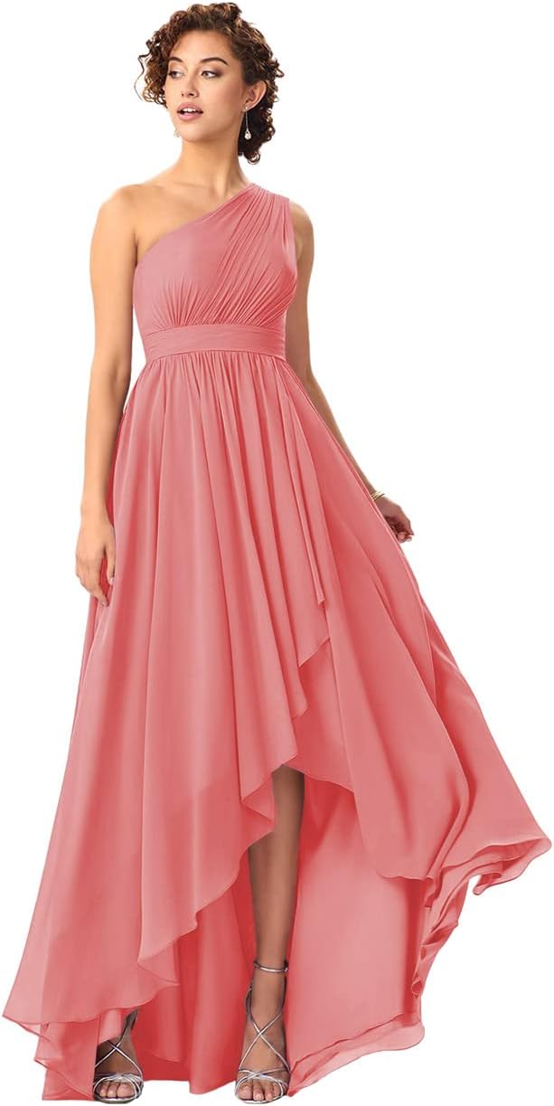 Women's One Shoulder Bridesmaid Dresses High Low Chiffon Formal Party Gowns with Pockets
