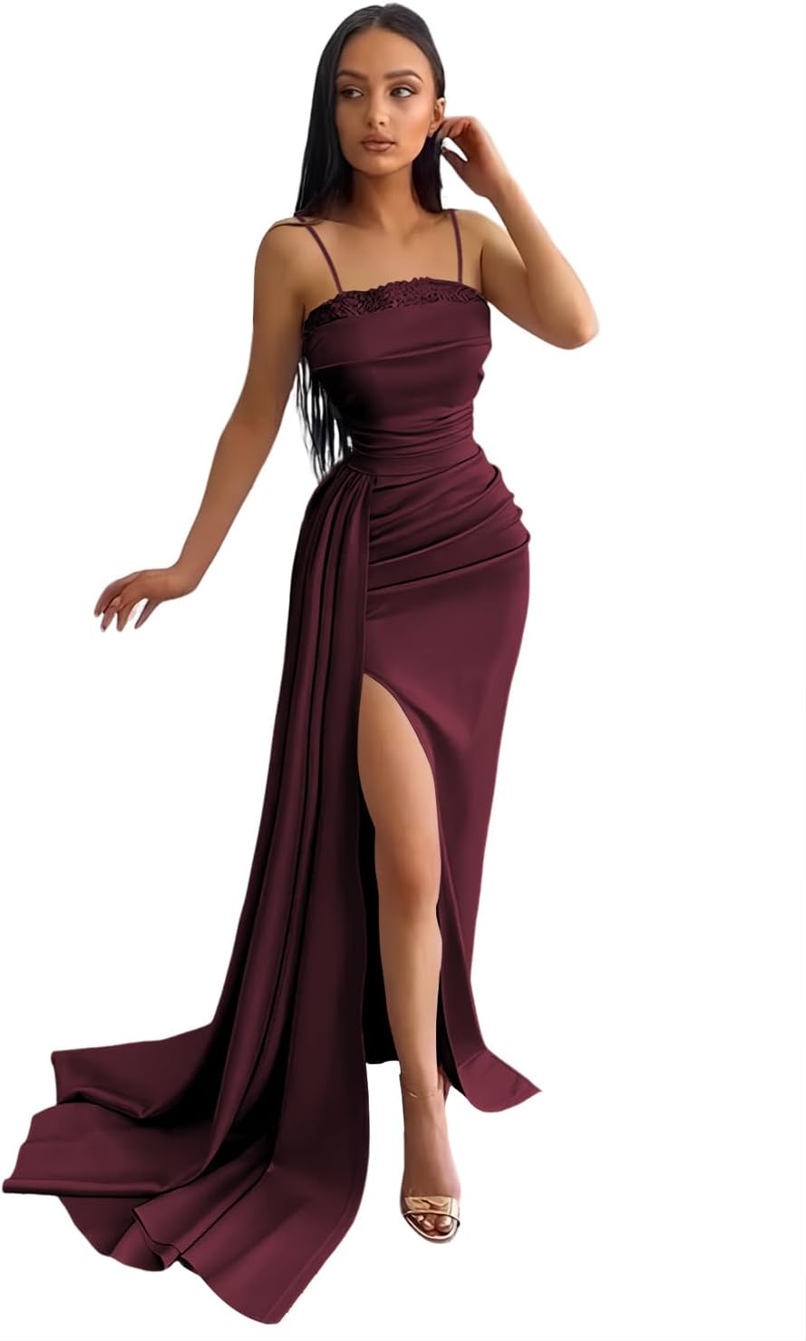 Women's Mermaid Prom Dresses Long with Slit 2025 Sequins Satin Spaghetti Straps Formal Evening Party Gown