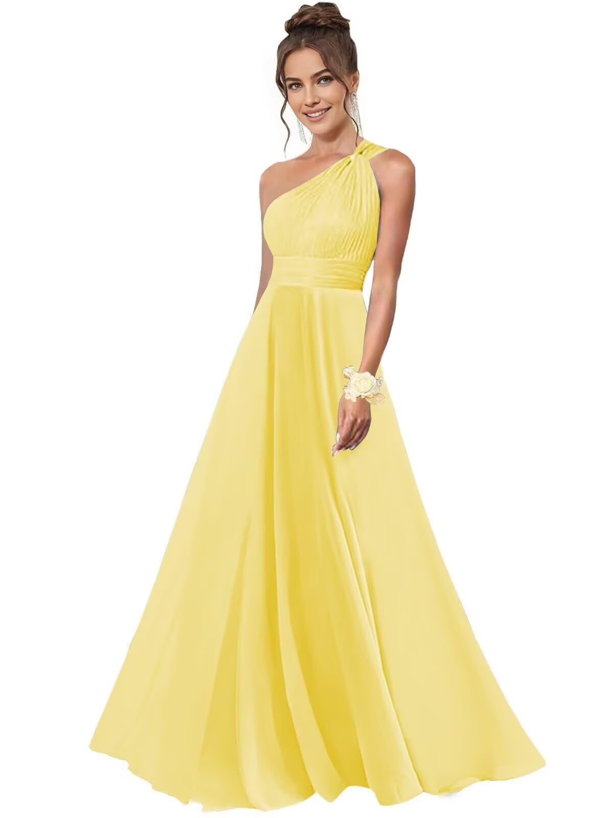 One Shoulder Bridesmaid Dresses for Women Chiffon A Line Pleated Long Formal Gowns with Pockets