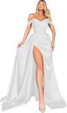 Women's Off Shoulder Mermaid Prom Dresses Long with Slit Pleates Wrap Satin Formal Evening Gowns