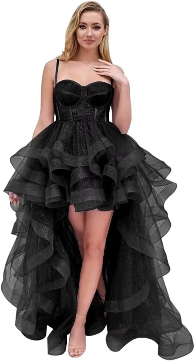 Spaghetti Cocktail Party Dress for Women High-Low Ruffled Summer Dress Long Trailing Prom Ball Gown