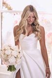 Strapless Satin Prom Wedding Dresses with Slit Long Pleats Formal Ball Bridal Gowns with Pockets