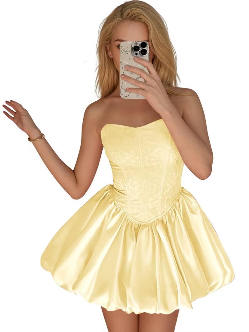 Strapless Satin Homecoming Dresses for Teens Jacquard Short Prom Dress A-line Cocktail Party Gowns with Pockets