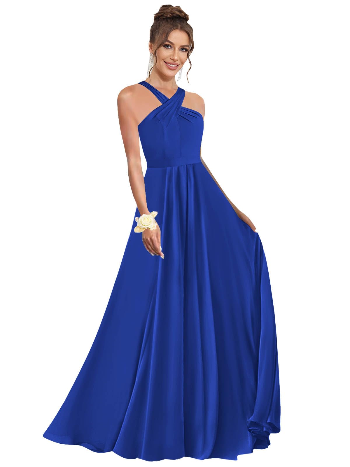 Halter Bridesmaid Dresses for Wedding Chiffon A Line Pleated Long Formal Prom Dress with Belt